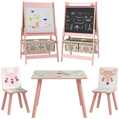 ZONEKIZ Kids Table and Chair Set and Kids Easel with Paper Roll, Storage Baskets, Kids Activity Furniture Set, Pink 