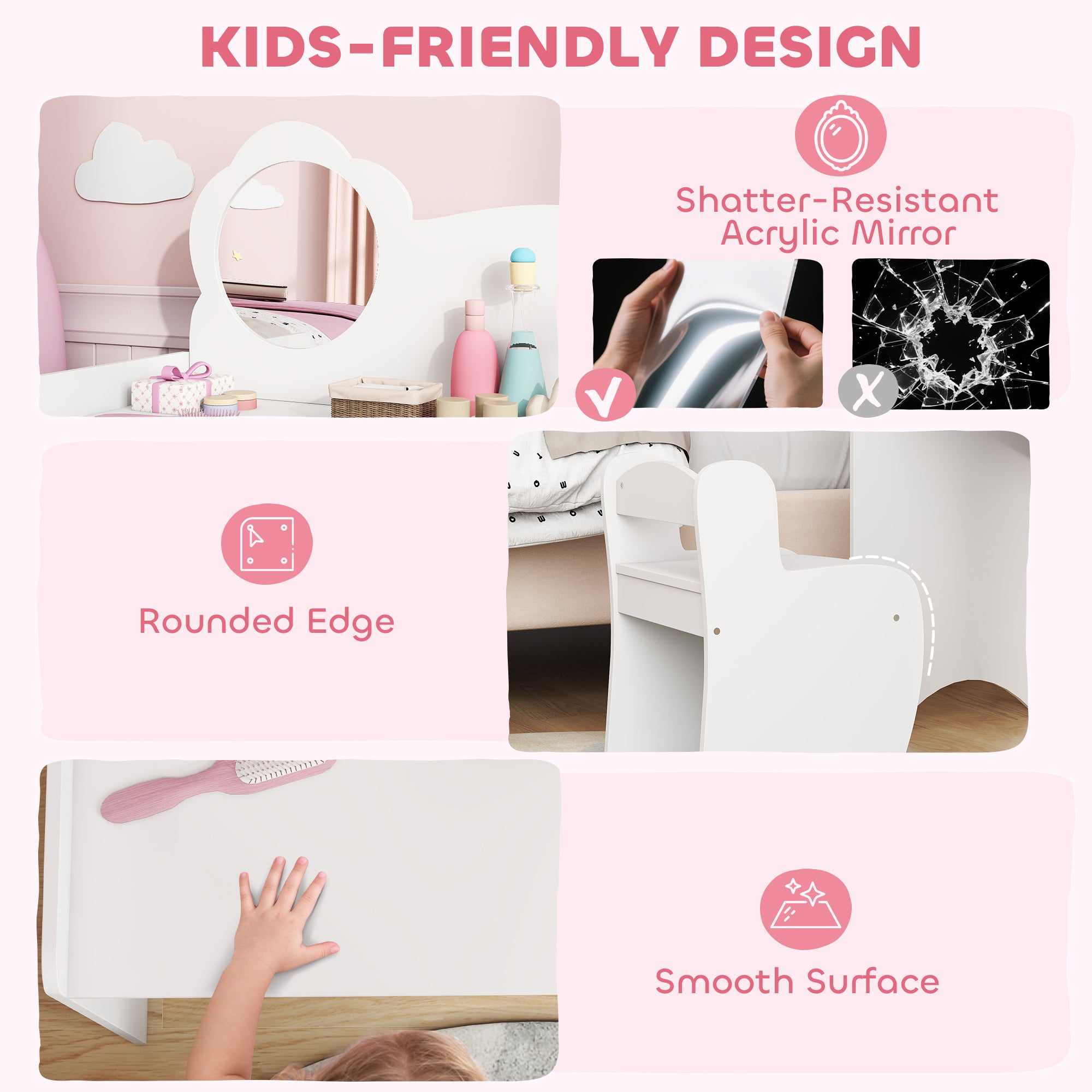 AIYAPLAY Kids Dressing Table with Mirror, Stool, Kids Vanity Table with Shelves, for Ages 3-8 Years, White 