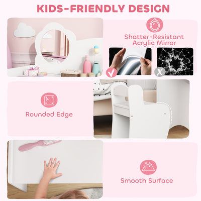 AIYAPLAY Kids Dressing Table with Mirror, Stool, Kids Vanity Table with Shelves, for Ages 3-8 Years, White 