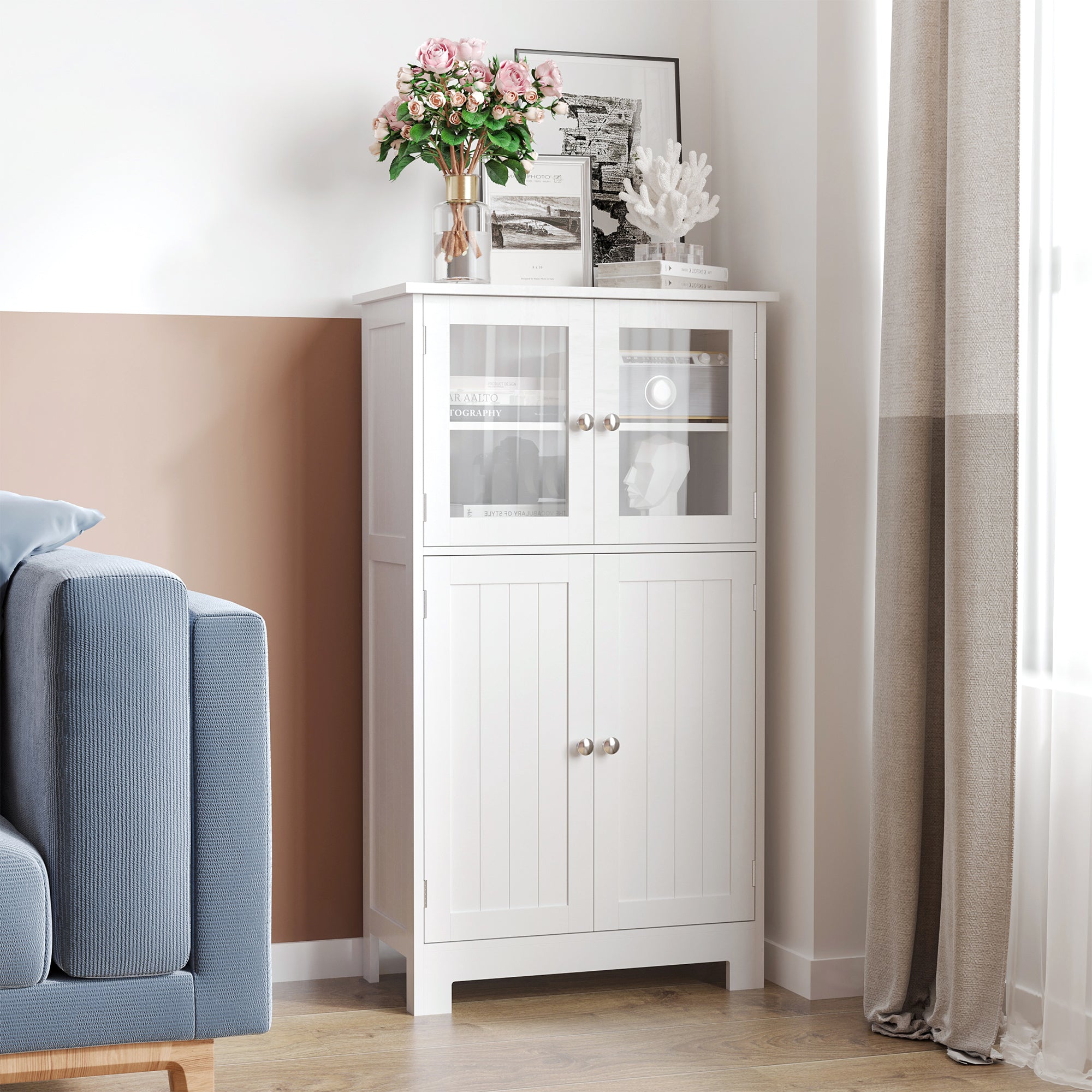 kleankin Bathroom Floor Cabinet, Freestanding Kitchen Cupboard with 2 Drawers, Adjustable Shelves and Tempered Glass Door, Wooden  Storage Unit for Living Room Kitchen Hallway 