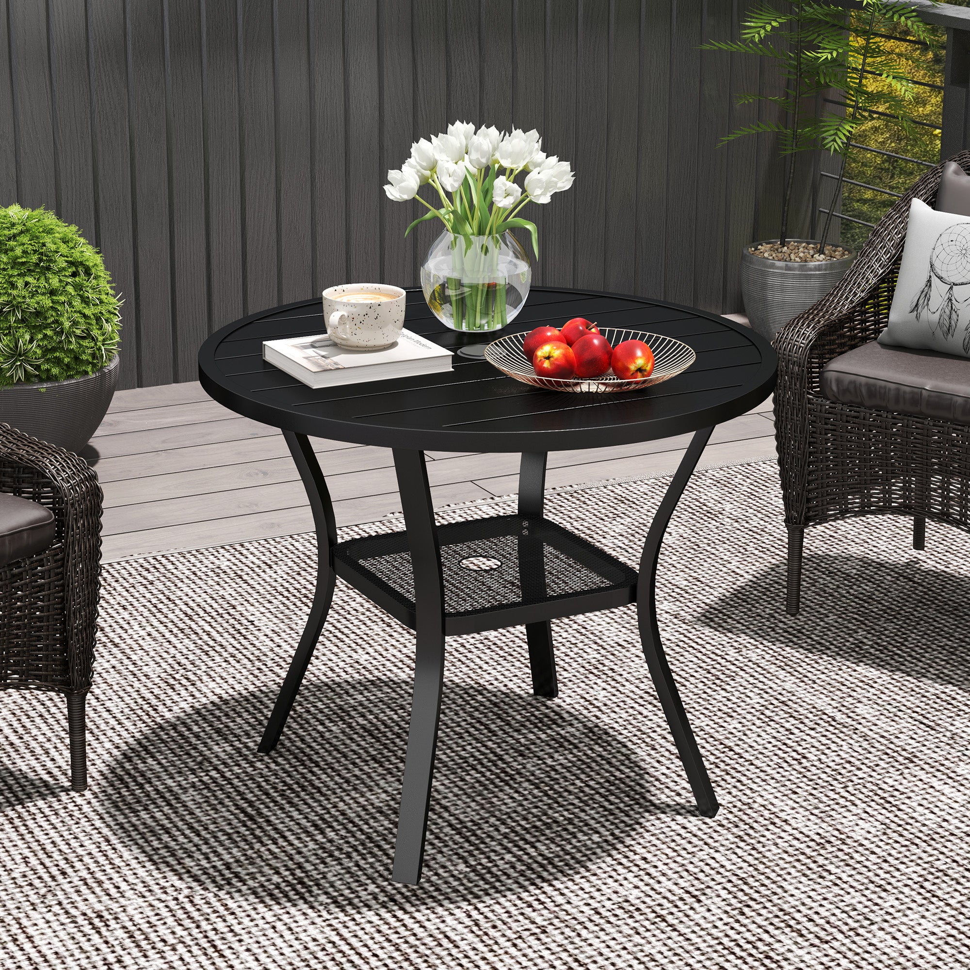 Outsunny 90 cm Garden Dining Table with 4-5 cm Parasol Hole, Round Outdoor Dining Table, Steel Garden Table with Slatted Metal Top and Wire Shelf for Balcony, Porch, Black 