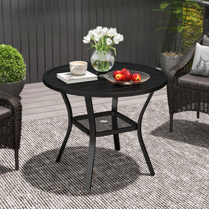 Outsunny 90 cm Garden Dining Table with 4-5 cm Parasol Hole, Round Outdoor Dining Table, Steel Garden Table with Slatted Metal Top and Wire Shelf for Balcony, Porch, Black 