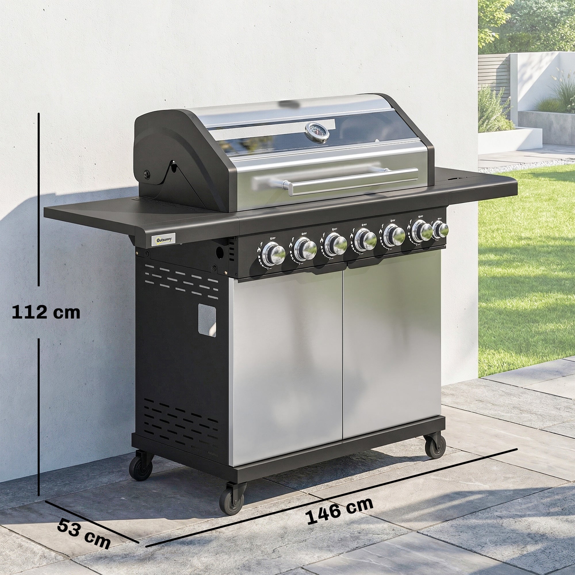 Outsunny 6+1 Burner Gas BBQ Grill, Outdoor Barbecue Trolley with Wheels, Warming Rack, Thermometer, Bottle Opener, Silver Tone 
