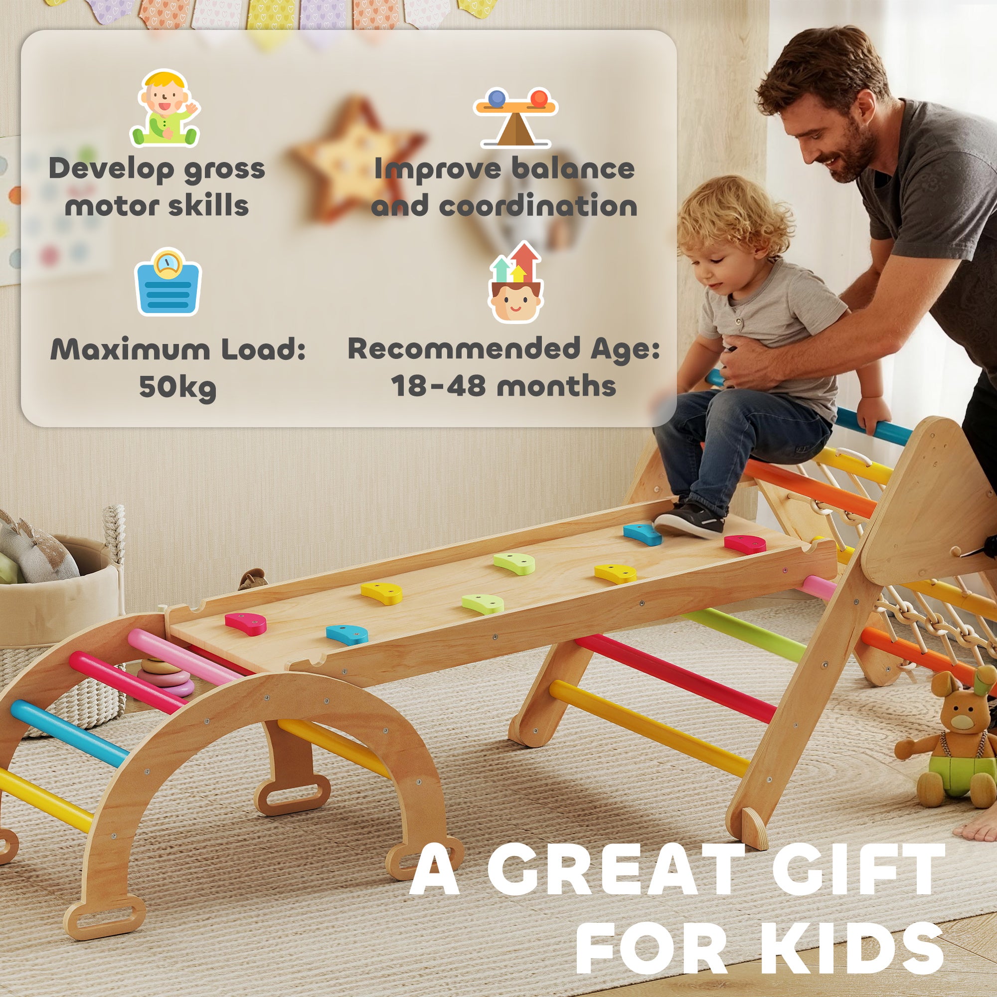 AIYAPLAY 8-in-1 Toddler Climbing Frame, Indoor Play Triangle Set with Slide, Arch and Triangle Ladder, Multicolour 
