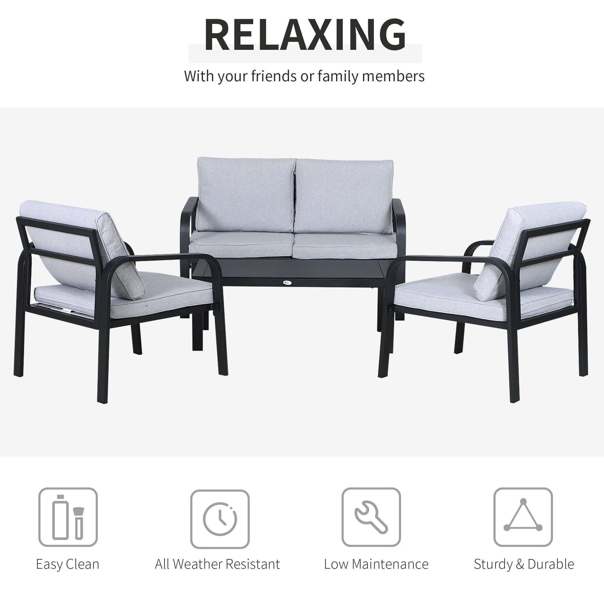Outsunny 4pcs Garden Sofa Set 2 Single Armchair, 1 Bench & 1 Coffee Table Set Aluminum Frame Patio Furniture with Cushions, Black 