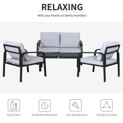 Outsunny 4pcs Garden Sofa Set 2 Single Armchair, 1 Bench & 1 Coffee Table Set Aluminum Frame Patio Furniture with Cushions, Black 