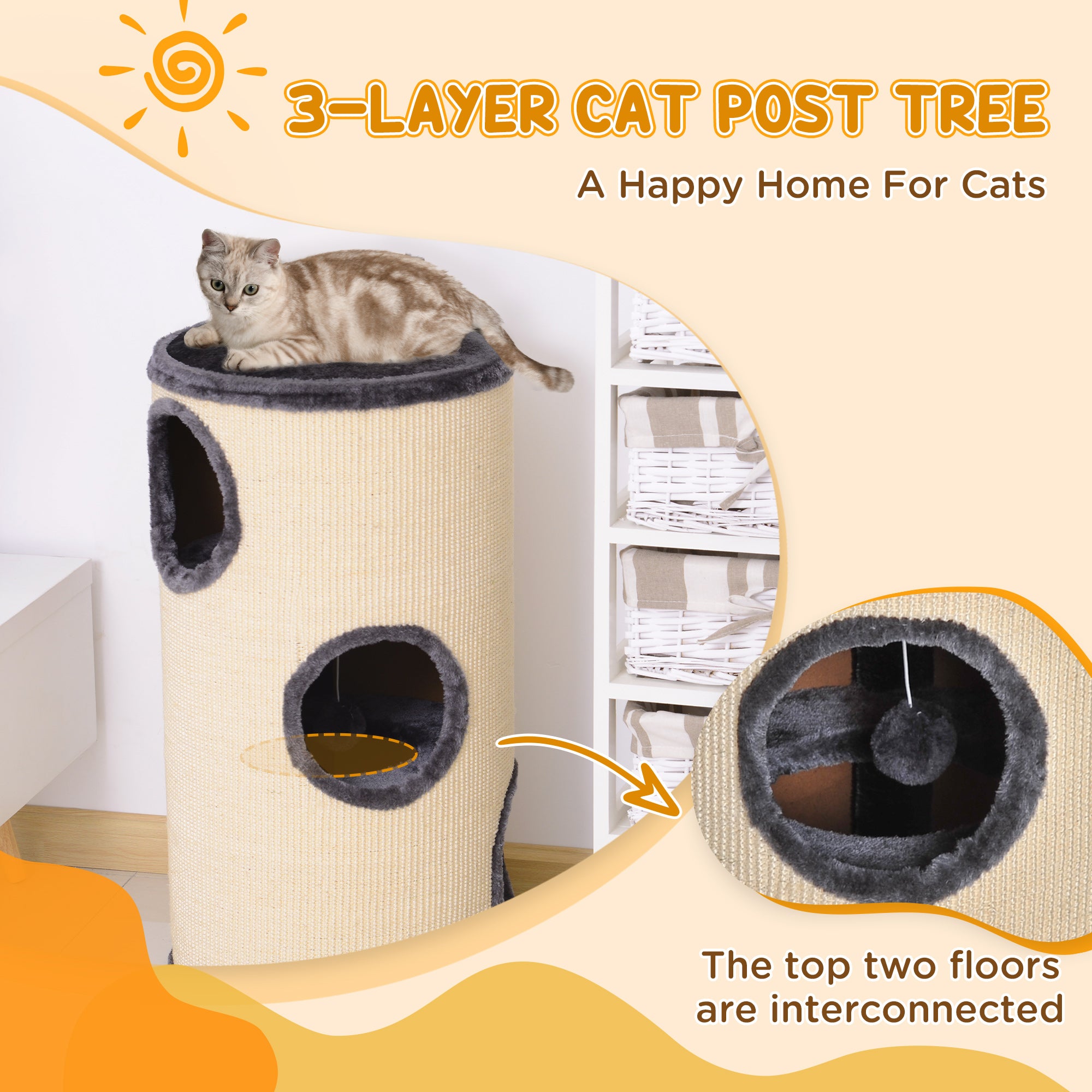 PawHut 70cm Height Cat Post Tree Scratching Barrel Sisal Activity Center Condo Kitten Bed Scratcher Climbing Climber Play House for Indoor Cats 