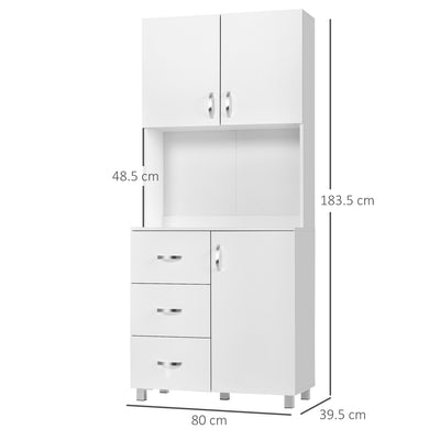 HOMCOM Free standing Kitchen Cupboard, Storage Cabinet with Doors and Sheleves, 3 drawers and Open Space, Adjustable Height Storage Unit, White 