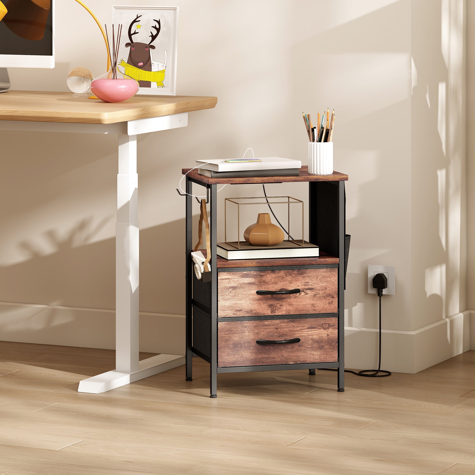 HOMCOM Bedside Table with Charging Station - Rustic Brown 