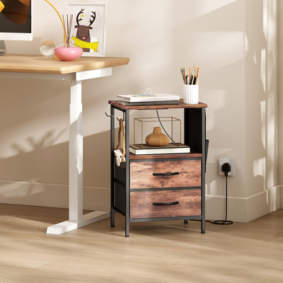 HOMCOM Bedside Table with Charging Station - Rustic Brown 