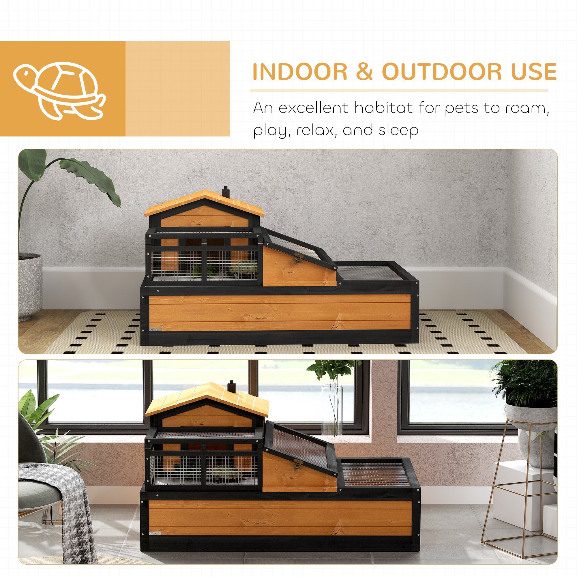 PawHut Wooden Tortoise House with Balcony, Tray, Roof, for Indoor and Outdoor, Yellow 