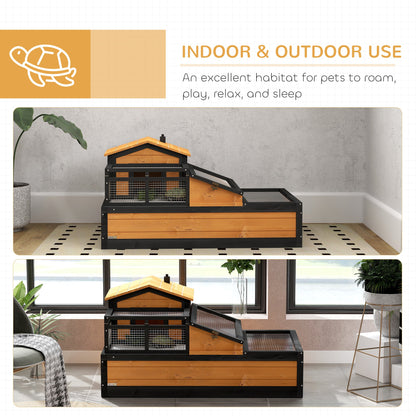 PawHut Wooden Tortoise House with Balcony, Tray, Roof, for Indoor and Outdoor, Yellow 