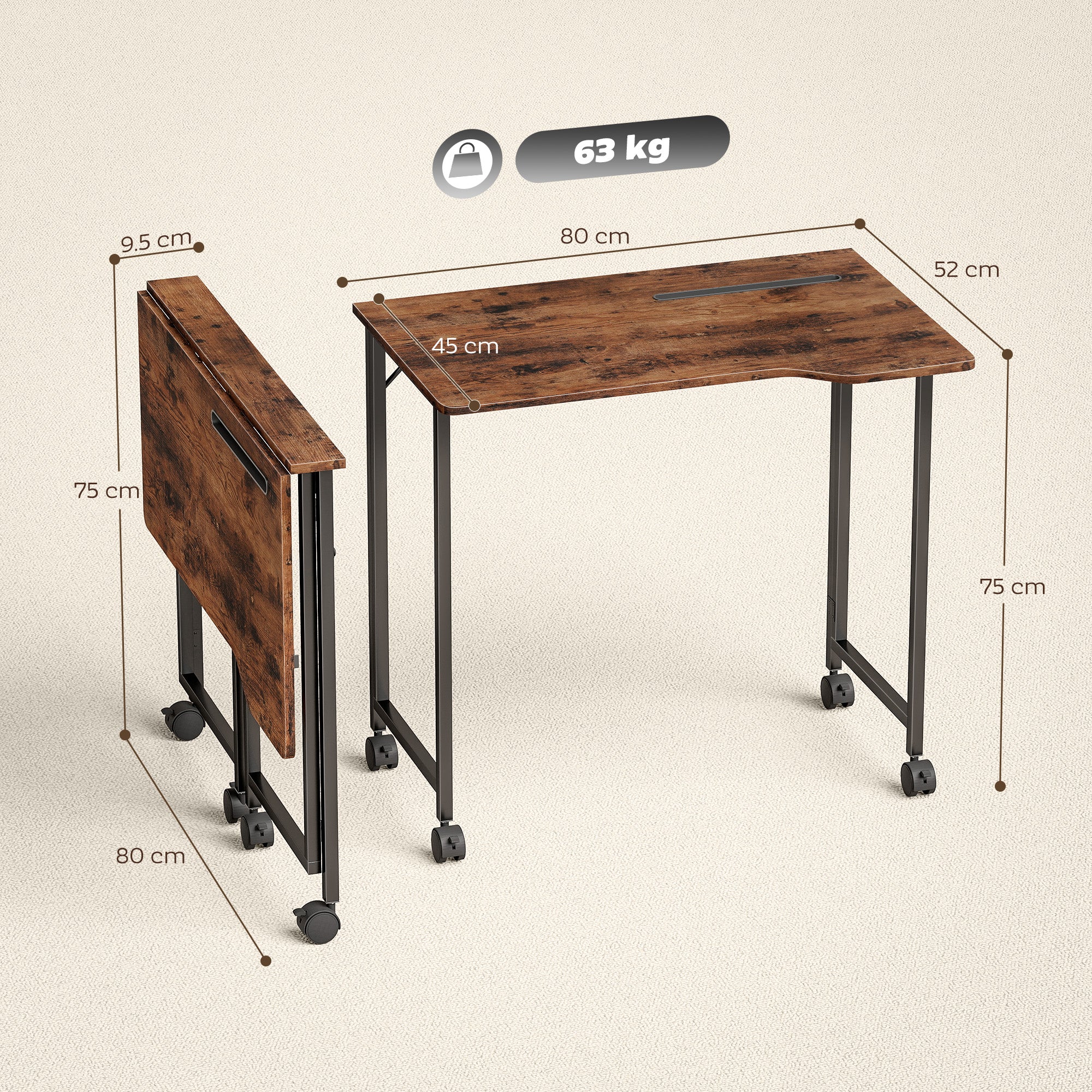 HOMCOM Folding Small Desk on Wheels - Rustic Brown 