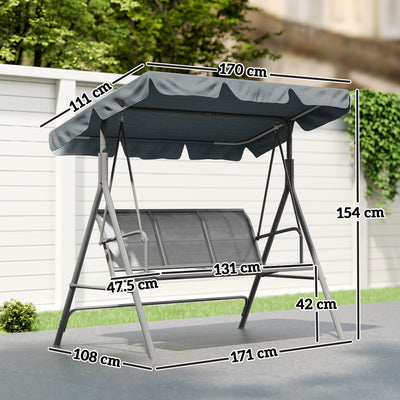Outsunny 3 Seater Swing Chair, Garden Swing Bench with Adjustable Tilting Canopy, Breathable Mesh Seat and Heavy Duty Metal Frame for Patio, Garden, Dark Grey 