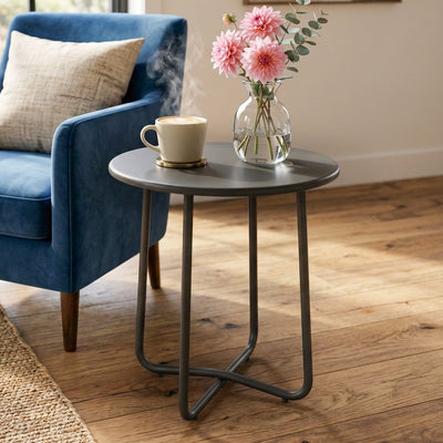 Outsunny 48 cm Round Garden Side Table, Small Metal Outdoor Garden Table with Rolled Edge, Dark Grey 