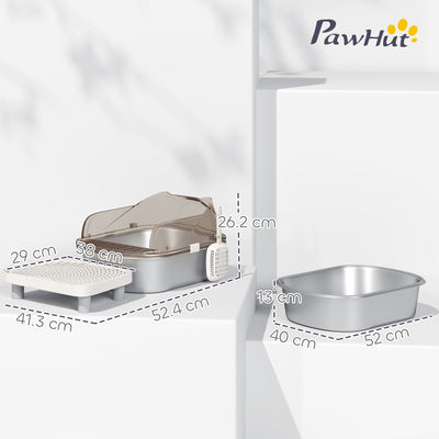 PawHut Stainless Steel Litter Box with Lid, High Wall Sided Enclosure, Pedal, Scoop, Non-Sticky, Anti-Leakage, Easy Cleaning 