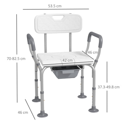 HOMCOM Height Adjustable Shower Stool with Arms and Back, Non-Slip Bedside Commode with Detachable Bucket for Elderly, White 