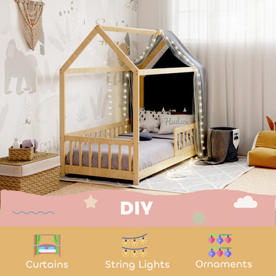 HOMCOM House-Shaped Kids Bed Frame with Guard Rails, Solid Pine Wood Single Bed Frame for Kids Boys and Girls, Natural 