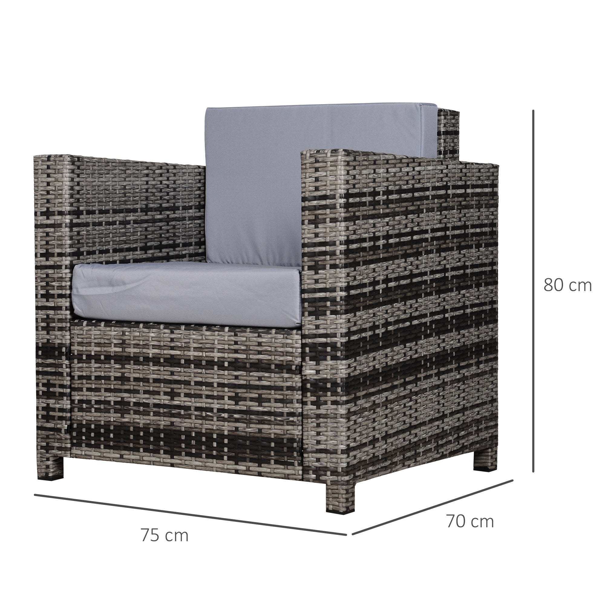 Outsunny Single Seater Rattan Chair Sofa with 10 cm Thick Padded Cushion, All-Weather PE Wicker Weave Garden Armchair with Armrests, Grey 
