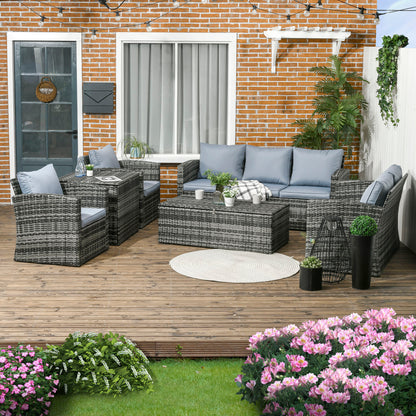 Outsunny 6 Pieces Rattan Garden Furniture Set, 7 Seater Wicker Outdoor Furniture Set with Storage Tea Table & Side Table, Sectional Garden Sofa Set with Cushions, Grey 
