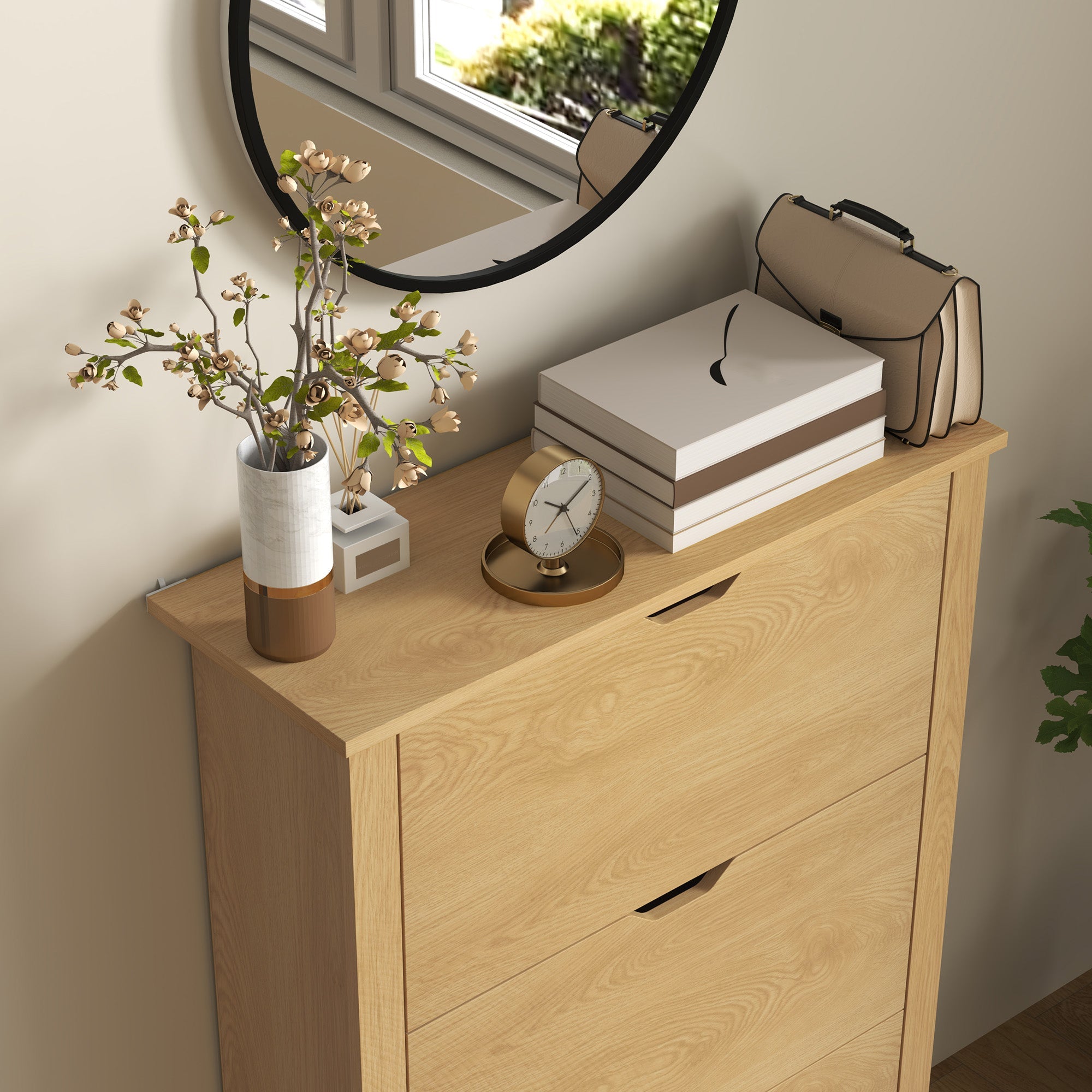 HOMCOM Slim Shoe Cabinet, Narrow Shoe Cupboard with 3 Drawers, Adjustable Shelves for 18 Pairs of Shoes, Natural Wood Finish 