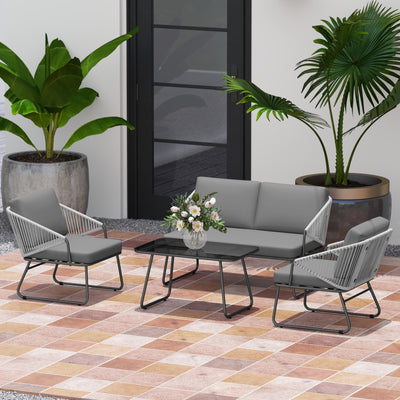 Outsunny 4 Piece Rattan Garden Furniture Set, Wicker Patio Outdoor Furniture Set with Loveseat, Armchairs, Glass Top Coffee Table and Cushions for Patio, Conservatory, Balcony, Grey 