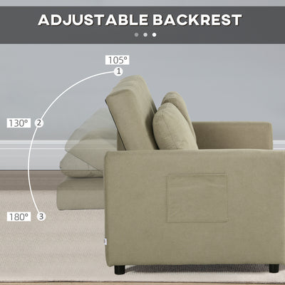 HOMCOM Loveseat Sofa Bed, Convertible Bed Settee with 2 Cushions, Side Pockets for Living Room, Light Brown 