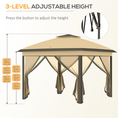 Outsunny 3.3 x 3.3m Pop Up Gazebo, Double Roof Foldable Canopy Tent with Zipped Mesh Sidewalls, Height Adjustable and Carrying Bag, Event Tent for Patio Garden, Beige 