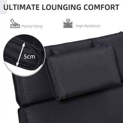 Outsunny Garden Sun Lounger Cushion Replacement Thick Sunbed Reclining Chair Relaxer Pad with Pillow - Black 