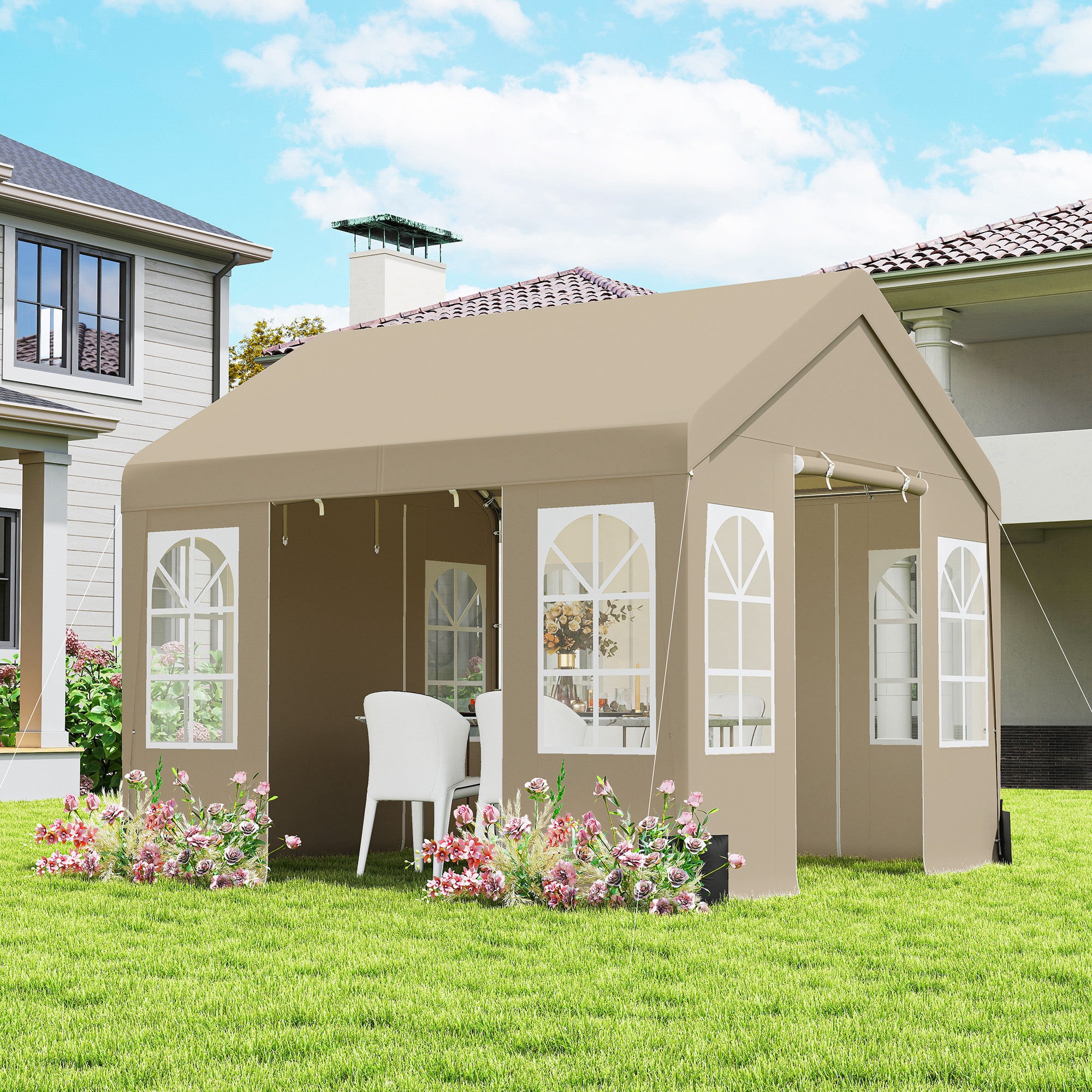 Outsunny 3 x 3 m Party Tent, Outdoor Canopy Tent Shelter with Removable Sidewalls, 4 Zipped Doors, for Parties, Wedding, Beige 
