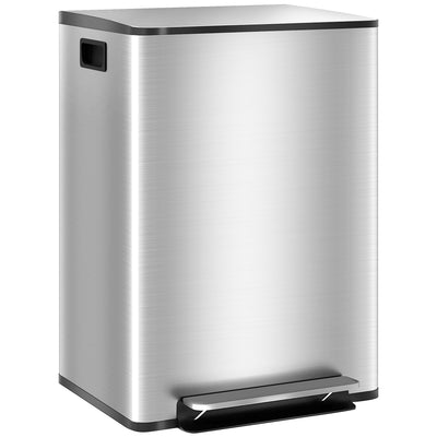 HOMCOM 60L Dual Compartment Stainless Steel Bin, with Deodoriser Holders - Silver Tone 