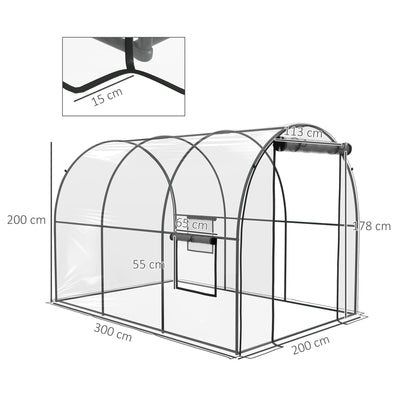 Outsunny Polytunnel Greenhouse Walk-in Grow House with Plasric Cover, Door, Mesh Window and Steel Frame, 3 x 2 x 2m, Clear 