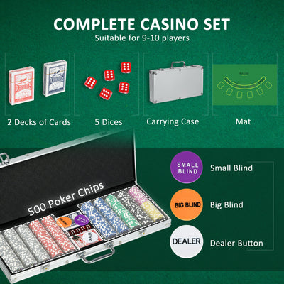 SPORTNOW 500-Piece Poker Chips Set, Poker Set with Mat, Chips, Two Card Decks, Dealer, Five Dices 