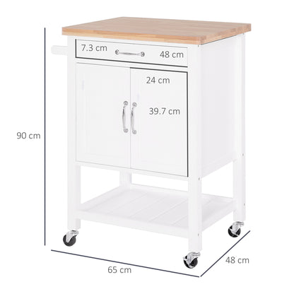HOMCOM Kitchen Storage Trolley Cart Rolling Wheels Shelves Cupboard W/ Drawer And Towel Rail Rubber Wood Worktop White 