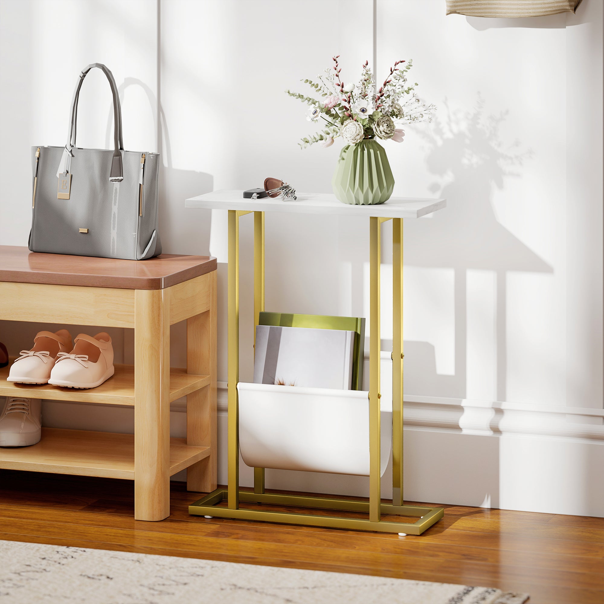 HOMCOM Narrow Side Table, End Table with Magazine Holder, Nightstand for Small Spaces, Living Room, Bedroom, White Marble Grain 