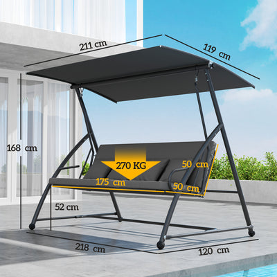 Outsunny Outdoor 2-in-1 Swing Chair Lounger 3 Seater Garden Swing Seat Bed Convertible Tilt Canopy W/ Cushion, Dark Grey 