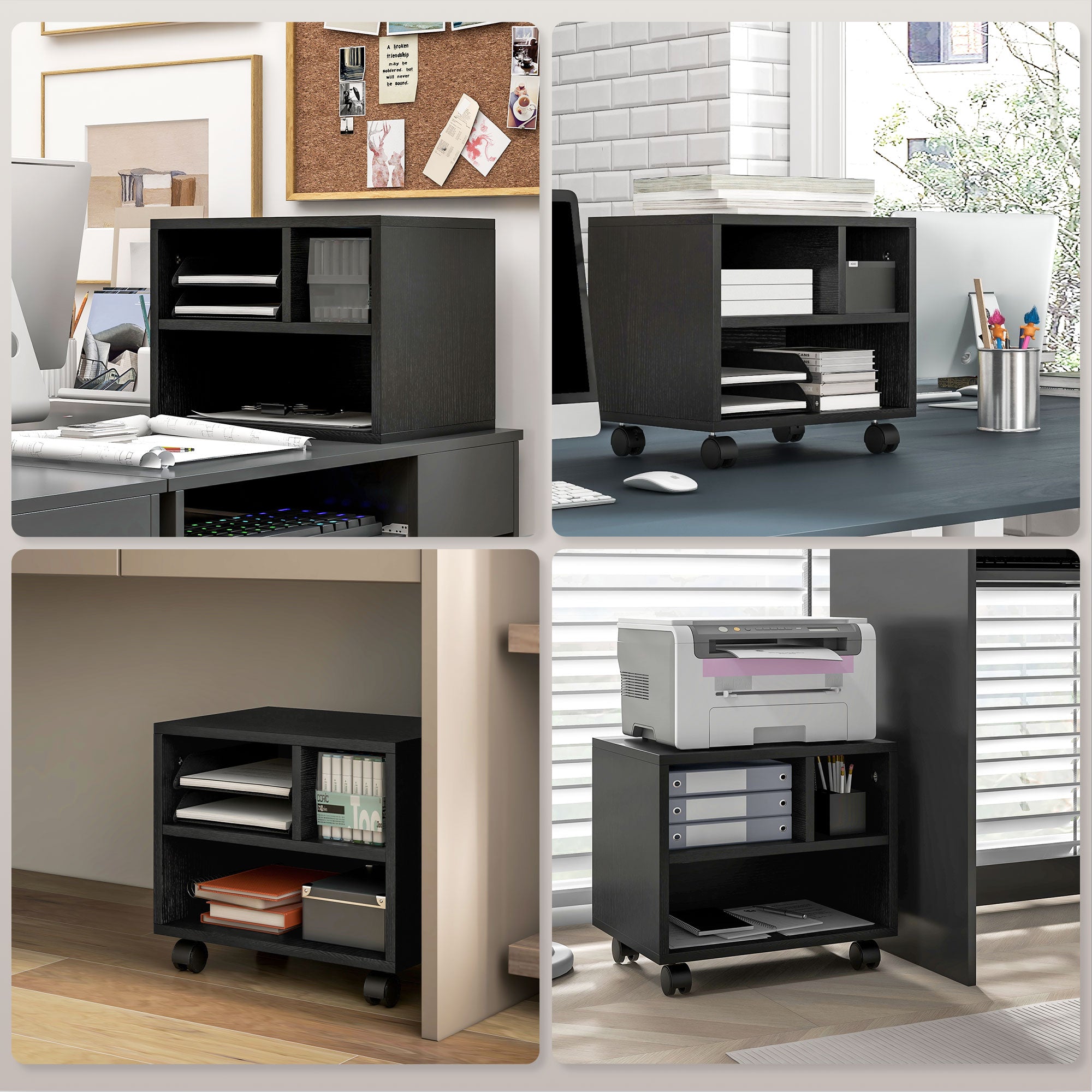 HOMCOM Three-Compartment Printer Cabinet, with Wheels - Black 