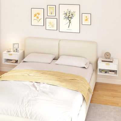 HOMCOM Set of 2 Wall Mounted Nightstands, Floating Bedside Tables with Fluted Drawer and Open Shelf for Small Bedroom, White 
