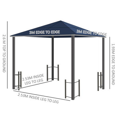 Outsunny 3 x 3(m) Hardtop Gazebo Canopy with Polycarbonate Roof, Steel & Aluminium Frame, Garden Pavilion with Mosquito Netting and Curtains, Black 