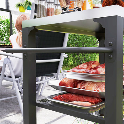 Outsunny Three-Shelf Outdoor Grill Cart with Stainless Steel Top, Outdoor Kitchen Island with 4 Wheels, 3 Hooks, Movable Food Prep Pizza Oven Table for Kitchen, Patio, Garden, 65.5 x 41 x 79 cm 