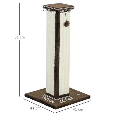 PawHut 81cm Cat Scratcher, Vertical Full Scratcher w/ Natural Sisal Rope, Hanging Ball, Soft Plush - Brown 