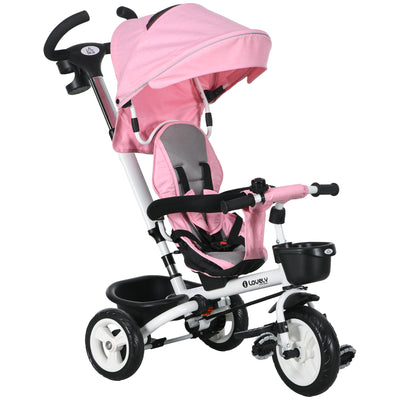 HOMCOM Metal Frame 6 in 1 Baby Push Tricycle with Parent Handle for 1-5 Years Old, Pink 