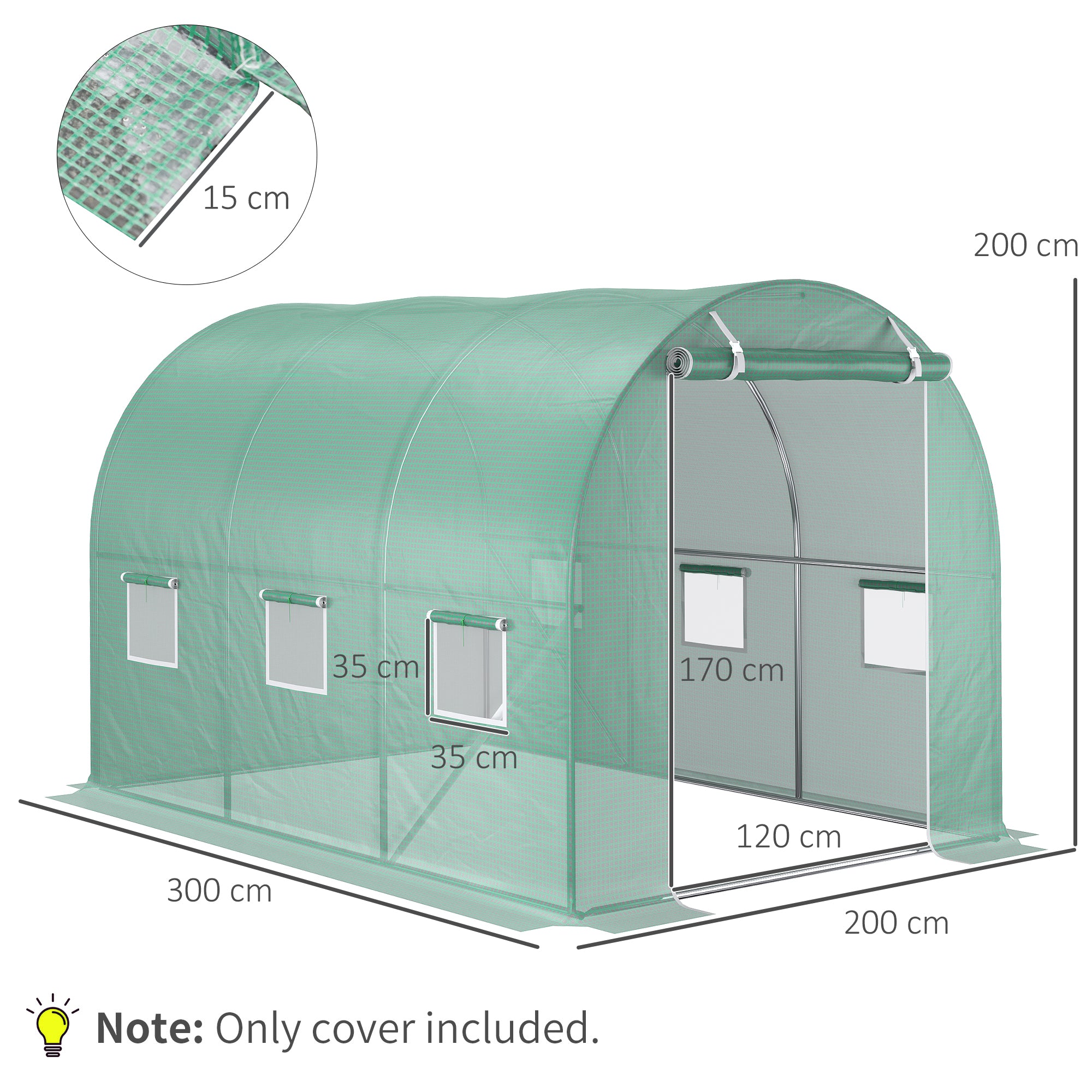 Outsunny 3 x 2 x 2m Greenhouse Replacement Cover ONLY Winter Garden Plant PE Cover for Tunnel Walk-in Greenhouse with Roll-up Windows Door Outdoor, Green 
