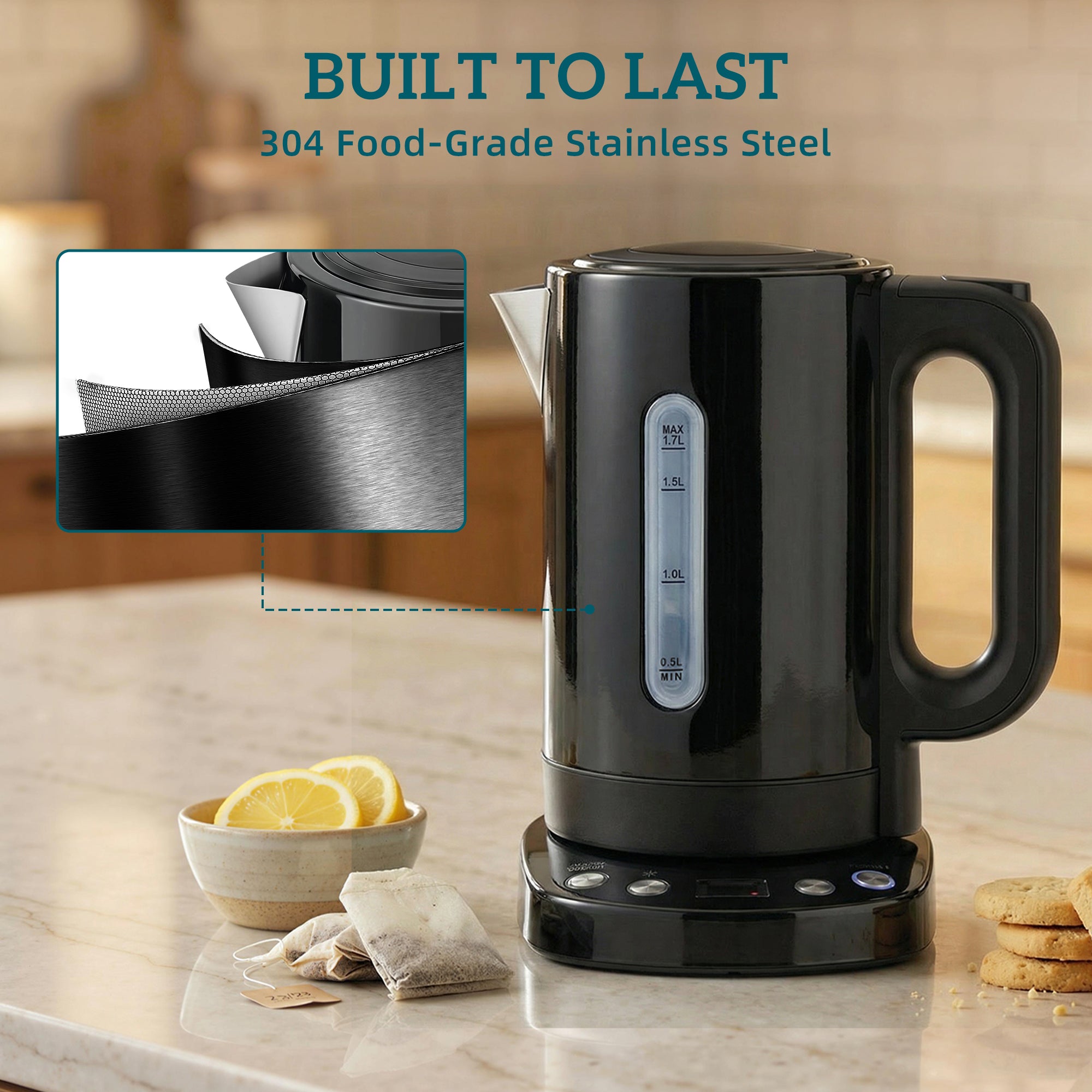 HOMCOM Electric Kettle, 1.7L, Fast Boil, 3kW Water Kettle with UK Strix Thermostat, Keep Warm Function, LCD Base, Black 