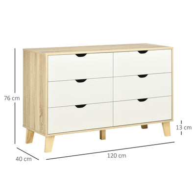 HOMCOM Bedroom Chest of Drawers, Wide 6-Drawer Dresser, Storage Drawer Unit with Wood Legs for Living Room, White and Light Brown 