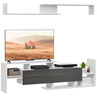HOMCOM Modern TV Cabinet with Wall Shelf, TV Unit with Storage Shelf and Cabinet, for Wall-Mounted 65" TVs or Standing 40" TVs, White and Grey 