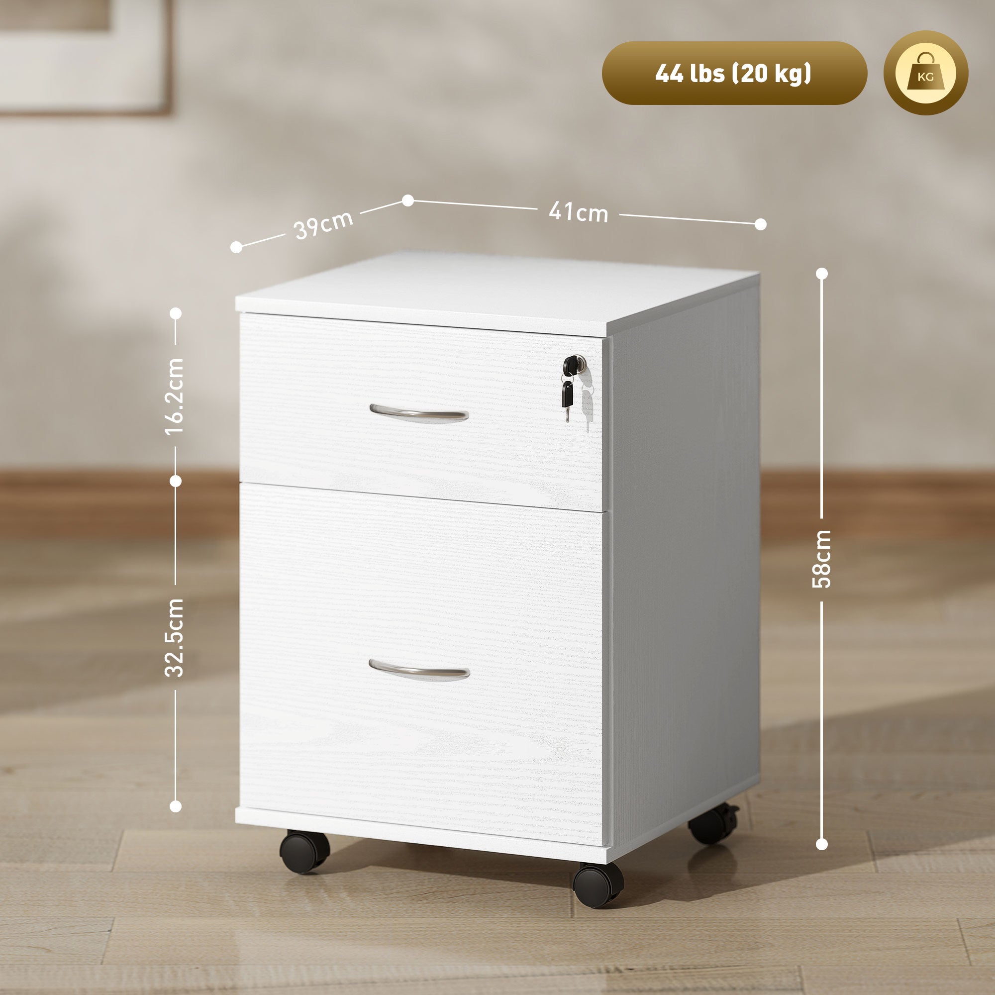 HOMCOM Two Drawer Lockable Filing Cabinet - White Wood Grain 