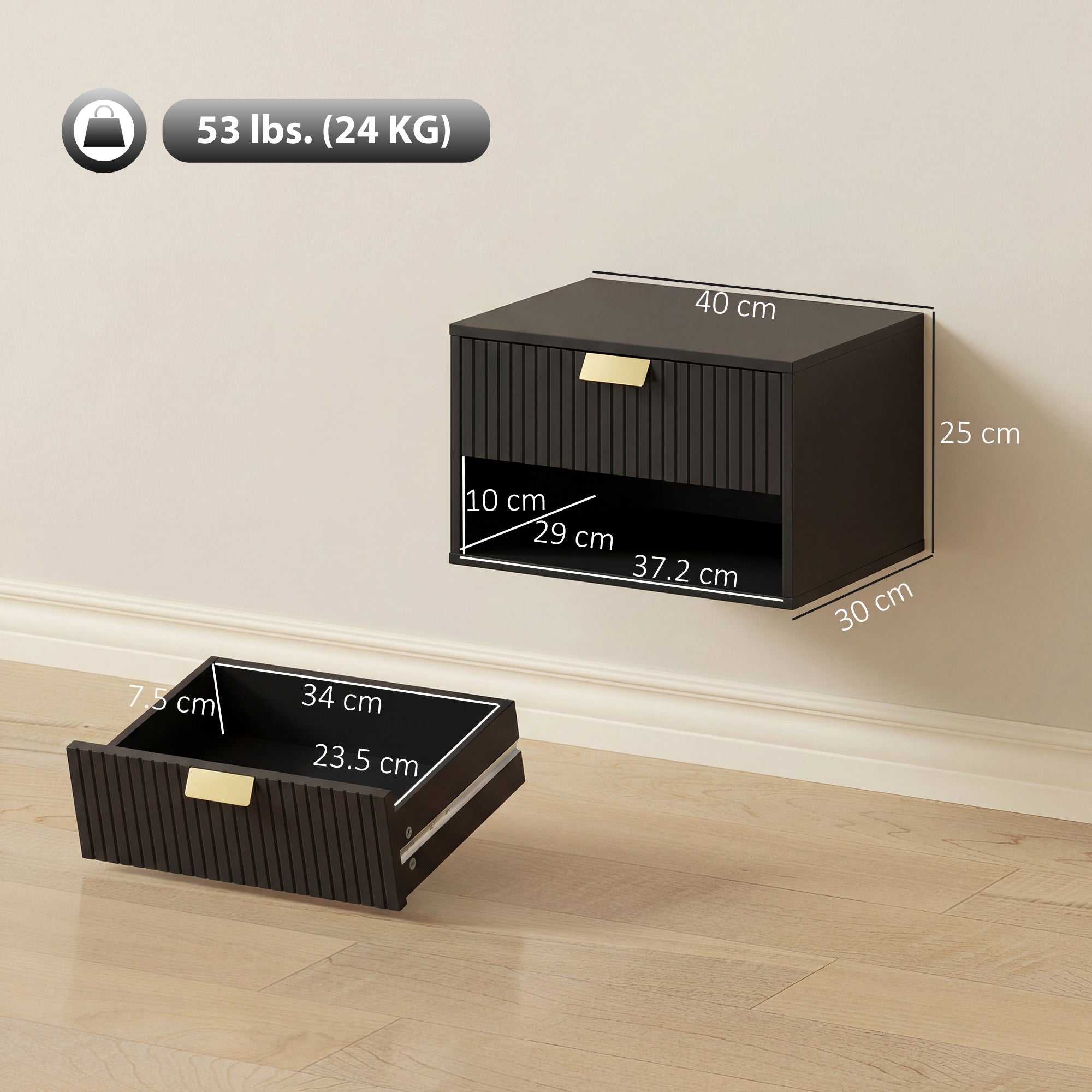 HOMCOM Set of 2 Wall Mounted Nightstands, Floating Bedside Tables with Fluted Drawer and Open Shelf for Small Bedroom, Black 