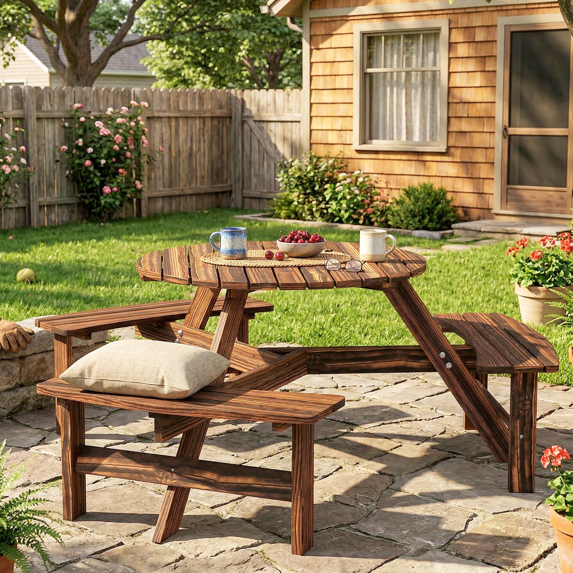 Outsunny Wooden Garden Dining Set, 6 Seater Round Dining Picnic Table with Matching Bench, Garden Furniture Set with Parasol Hole for Outdoor Patio Party and Family Gatherings, Carbonized 