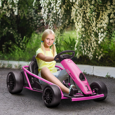 HOMCOM 24V Electric Go Kart for Kids, Drift Ride-On Racing Go Kart with 2 Speeds, for Boys Girls Aged 8-12 Years Old, Pink 